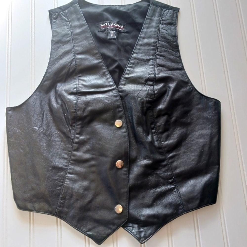 Wilsons Ladies Black Leather Sleeveless V-Neck Snap Motorcycle Vest Size Med